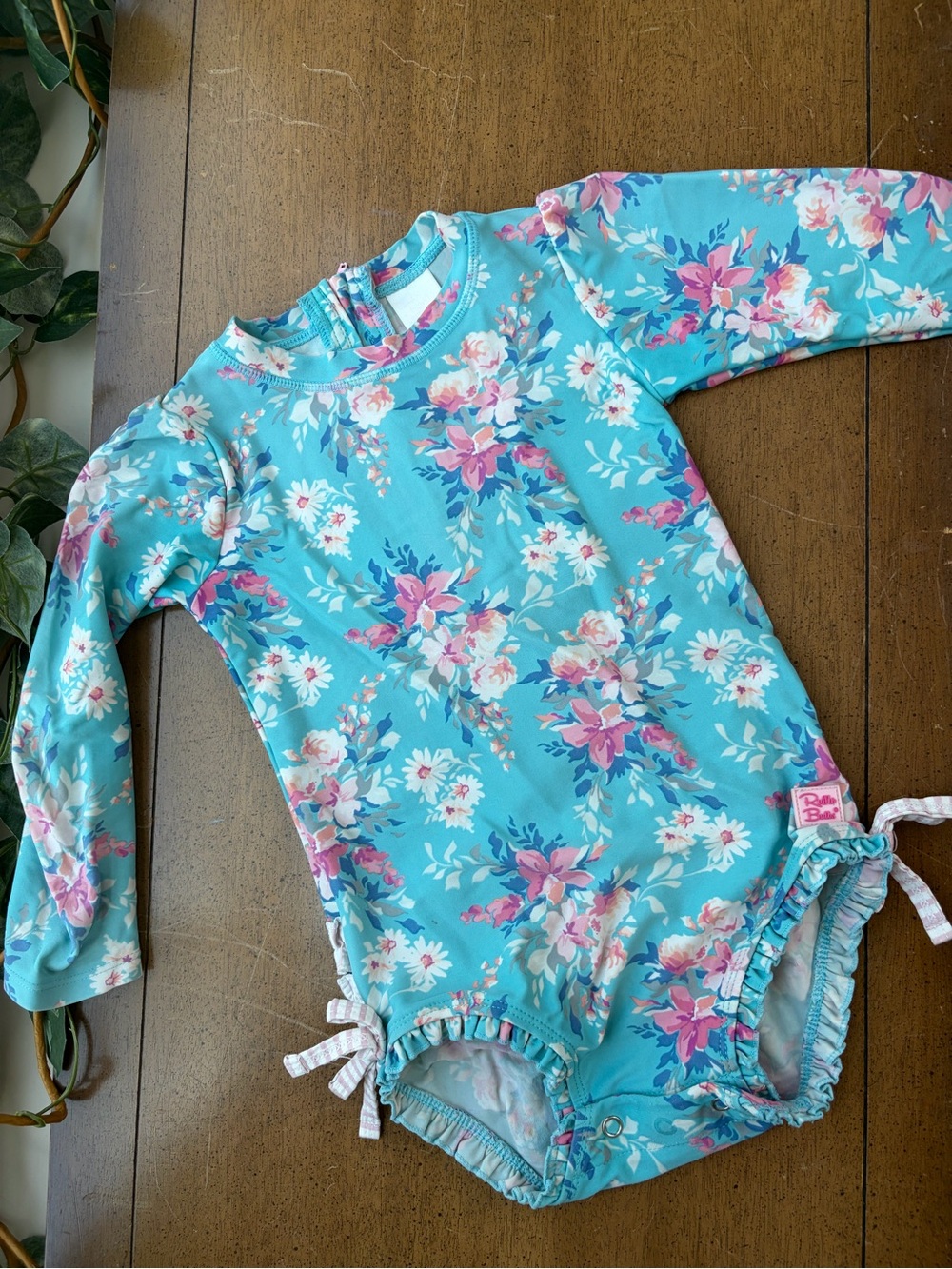 RuffleButts Floral Rash Guard Swimsuit 2T Blue Pink Long Sleeve One Piece